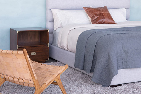 grey upholstered platform bed