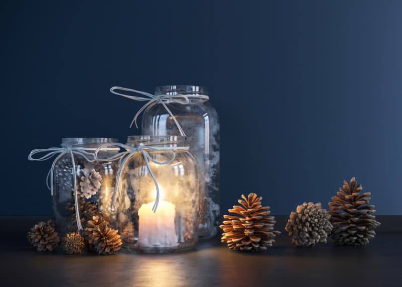 mason jars of mini pinecones