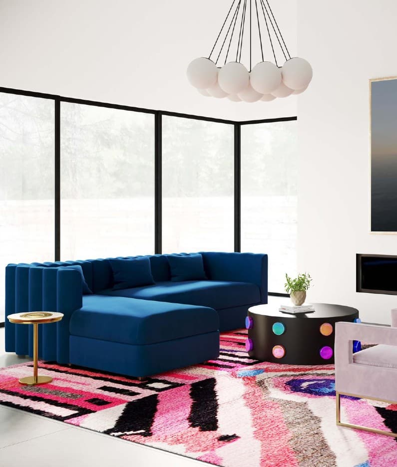 blue velvet sofa pink accent