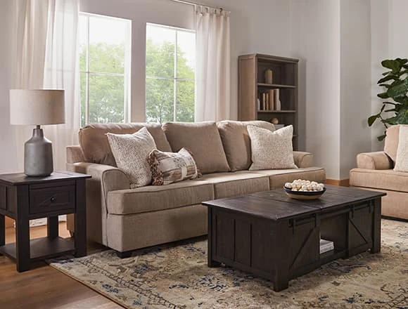 Rustic Family Room with Alessandro Mocha Sofa