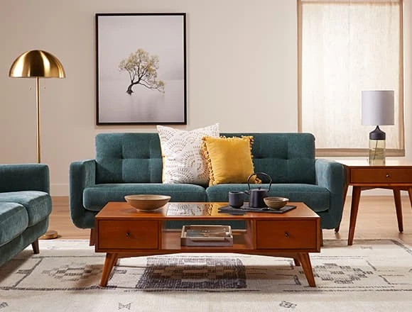 Mid Century Living Room with Allie Midnight Jade Sofa