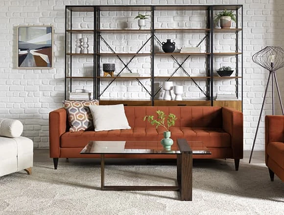 Mid Century Modern Living Room With Tate IV Velvet Estate Sofa